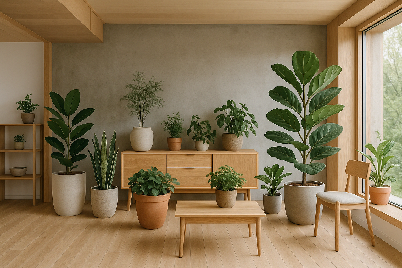 make the house modern with a scandinavian design (wood and cement) and add lots of different pots